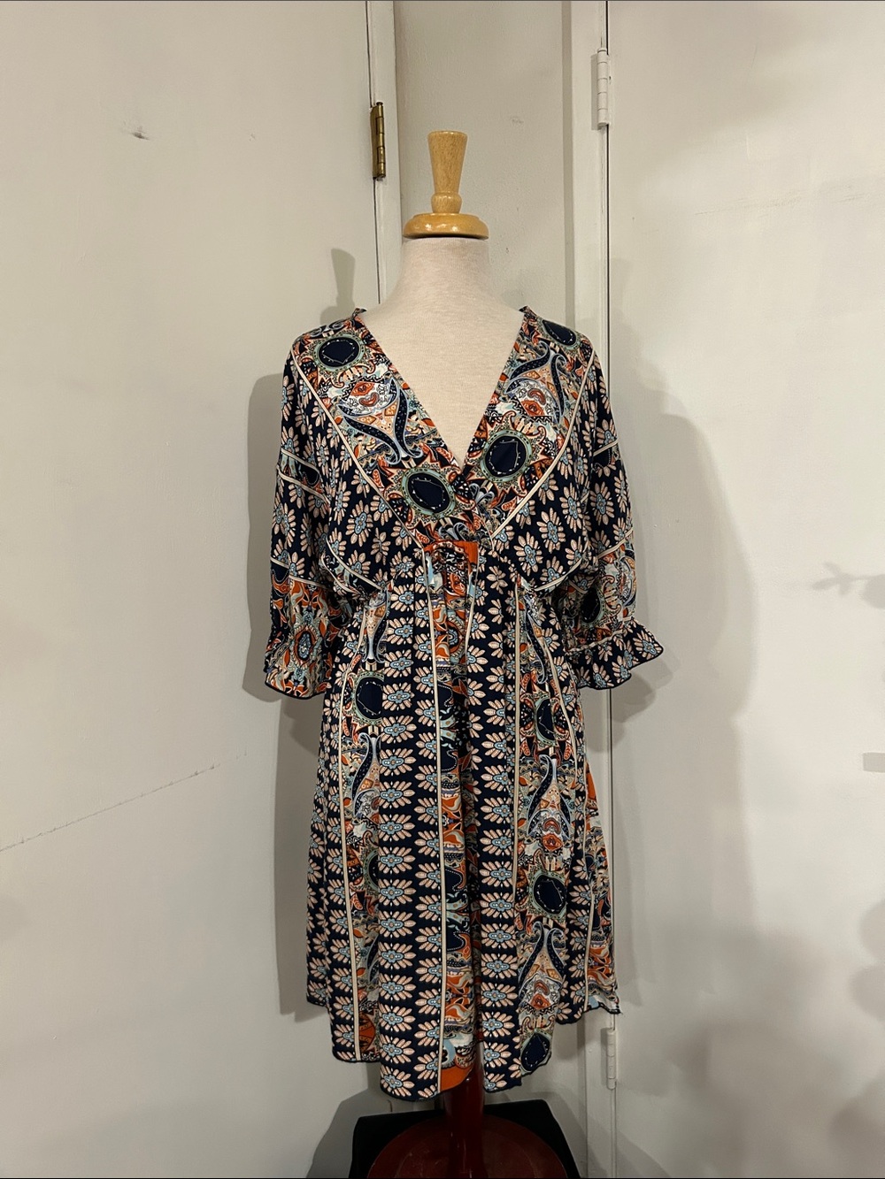 SHEIN Navy Midi Dress with Orange Floral & Paisley Print